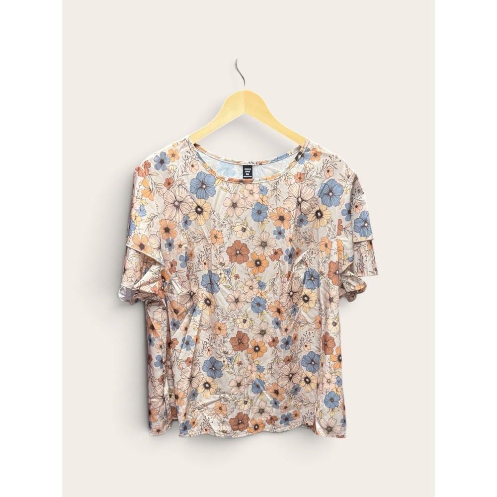 SHEIN Curve Floral Flutter Sleeve Top Blue Multi 3XL Plus Size Ruffle Blouse